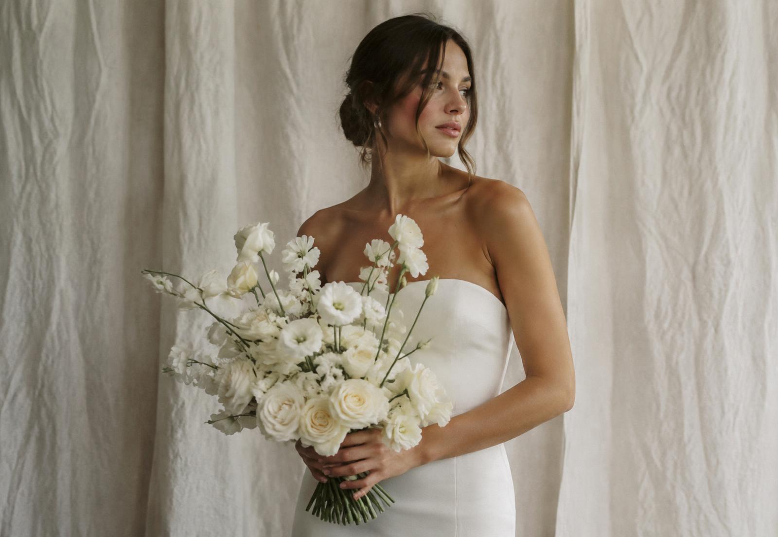 Bride holding a white rose and lisianthus wedding bouquet