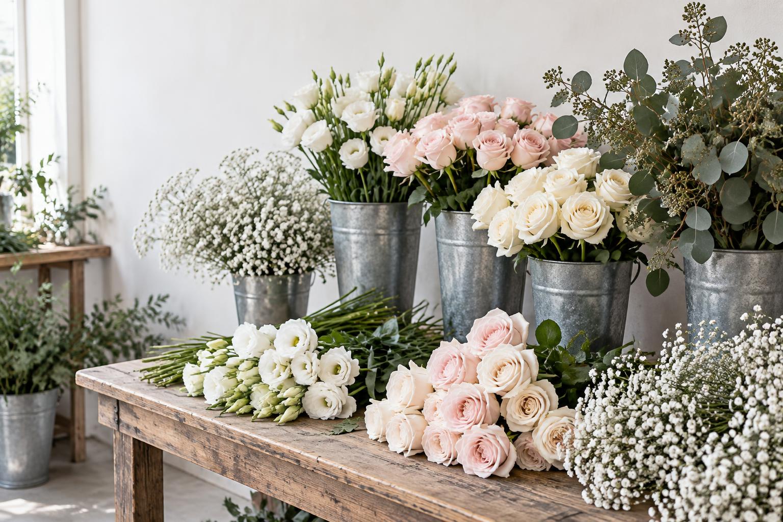 Loose roses, lisianthus, baby's breath, and greenery ready for arranging